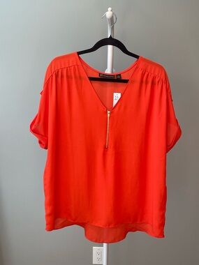 New York & Company Coral Red V-Neck Zip Blouse